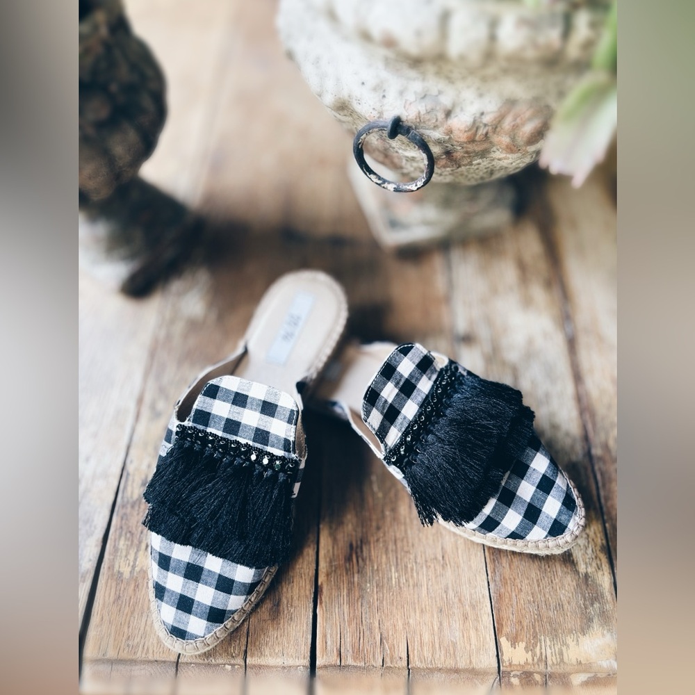 Gingham Mules Jeweled Fringed Espadrille Slides EU 40 NWT VV14